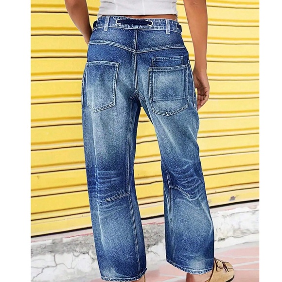 Medium Wash Pockets Drawstring Waist Straight Leg Denim Jean Pants - Picture 2 of 6